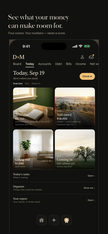 D×M's Today screen: four photographic covers showing what you can reach, what you still owe, what's going out and what's coming in.